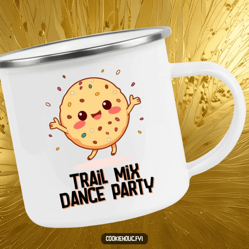 Funny Camping Mug: A joyful Kawaii cookie character dances with sprinkles, ready for outdoor fun.