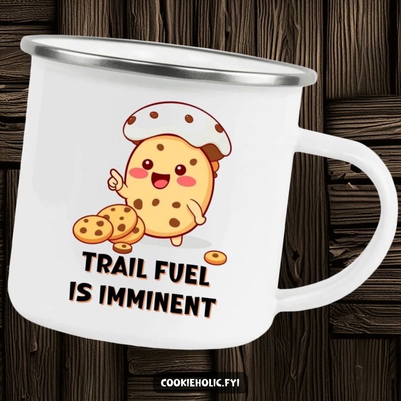 Funny Kawaii cookie character pointing at a large cookie jar, printed on a durable, funny enamel camping mug.