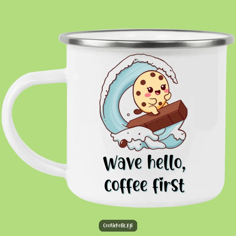 Funny Kawaii Cookie Surfer Camping Mug: Hilarious Cookie Character Chocolate Chip Wave Enamel Mug