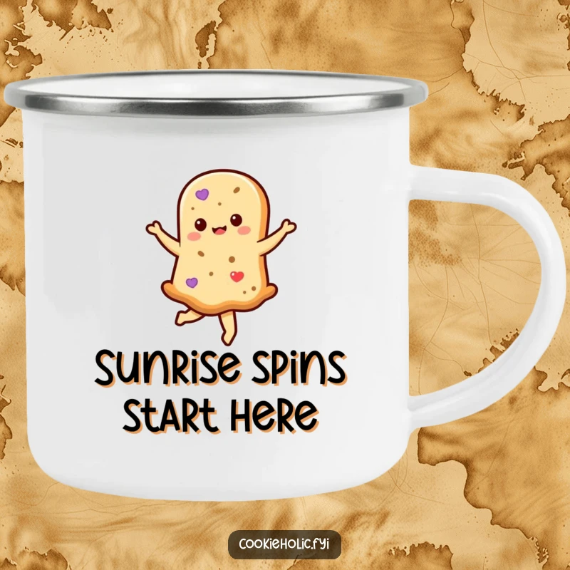 Funny kawaii shortbread cookie character twirling brightly on an enamel camping mug, combining humor with outdoor readiness.