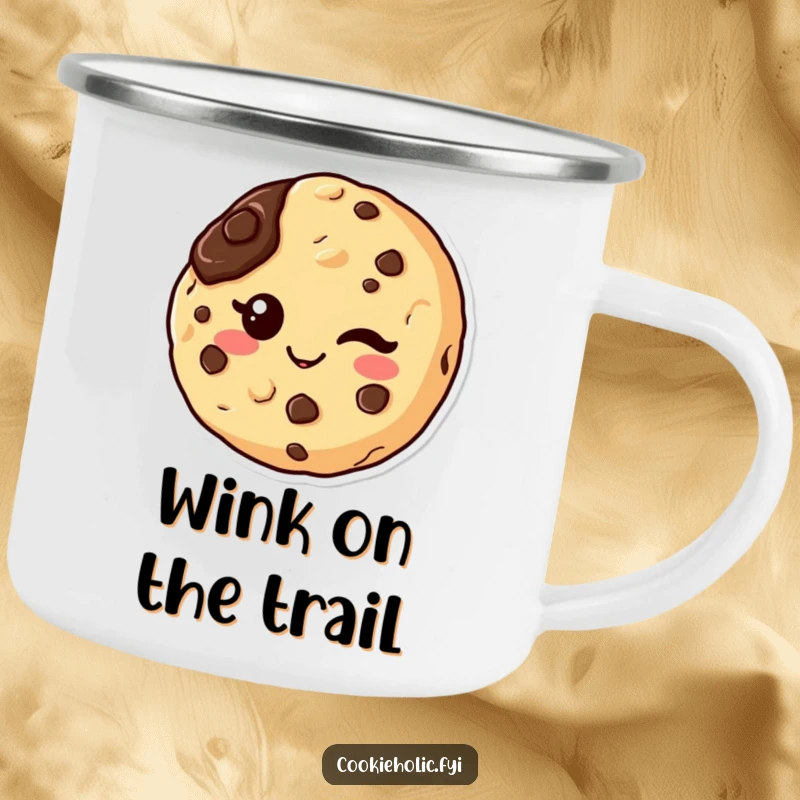 Funny enamel camping mug showing a kawaii chocolate chip cookie character winking, with a chocolate smudge, great for cheeky outdoor moments.