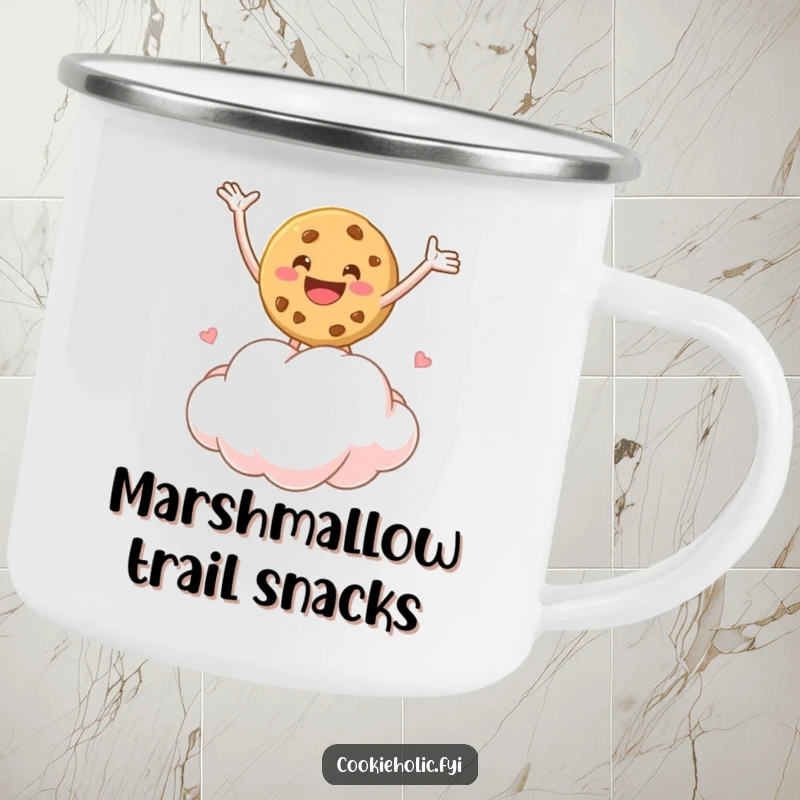 Funny camping mug featuring a cookie character bouncing on a marshmallow cloud, for joyful outdoor adventures.