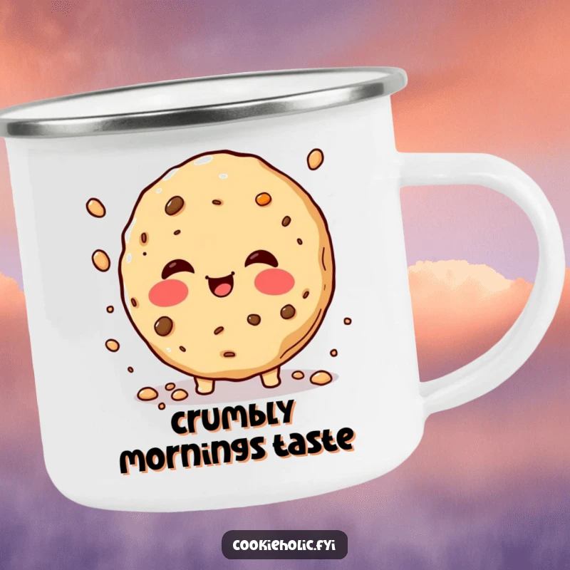 Funny rosy-cheeked cookie camping mug, depicting a cookie joyfully sprinkling crumbs, perfect for humorous outdoor beverage enjoyment.
