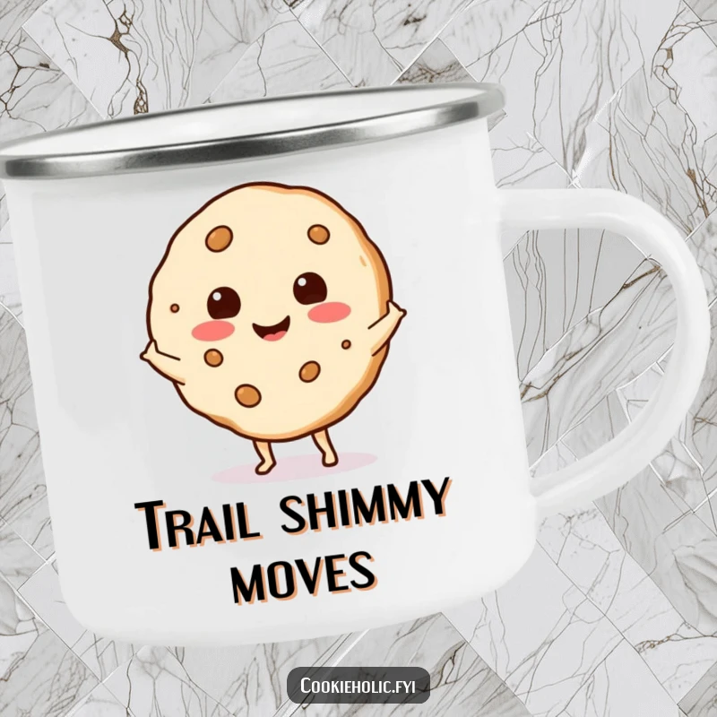Funny cookie with a happy expression doing a little shimmy dance, depicted on a rugged camping mug.