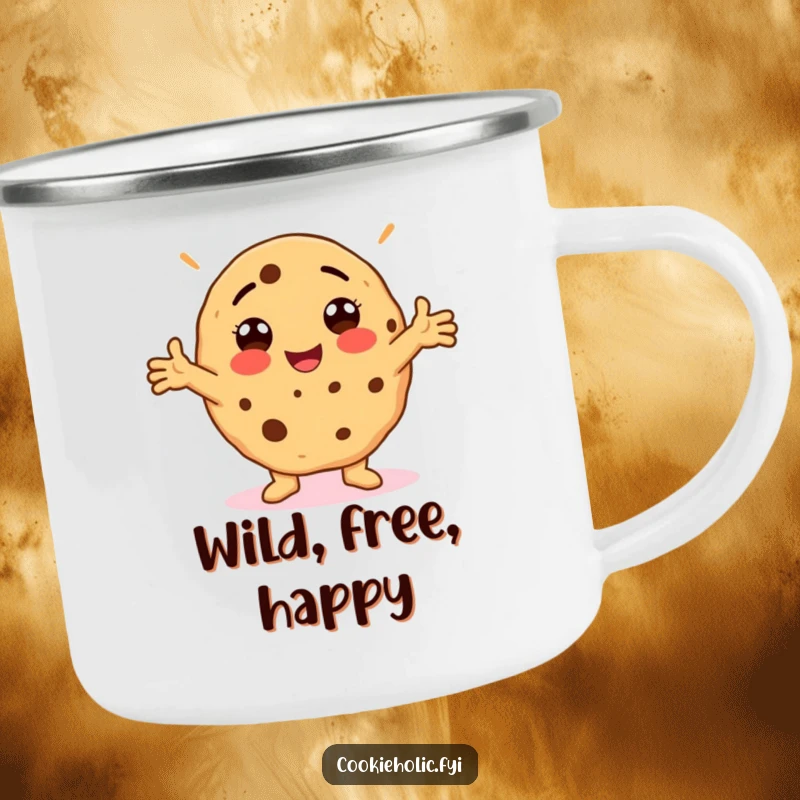 Funny Camping Mug showing a cookie in a silly, arms-outstretched pose, perfect for enjoying drinks outdoors with humor.