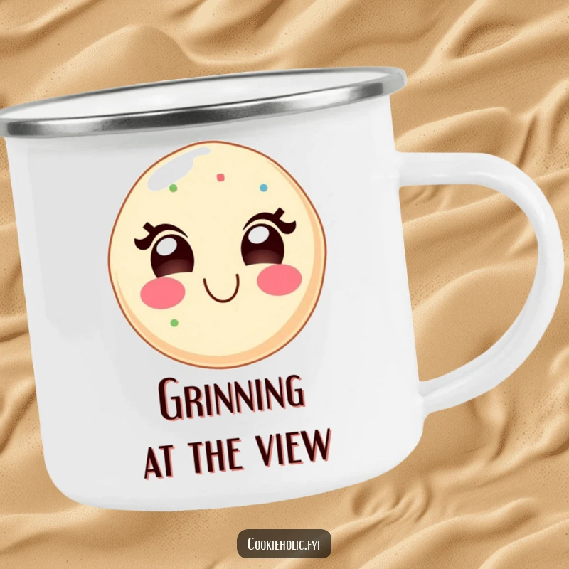 Funny enamel camping mug showing a kawaii sugar cookie character with a wide, delighted grin, great for sweet outdoor moments.