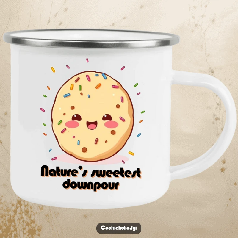 Funny camping mug featuring a kawaii cookie character enjoying a joyous sprinkle shower, perfect for outdoor enthusiasts.