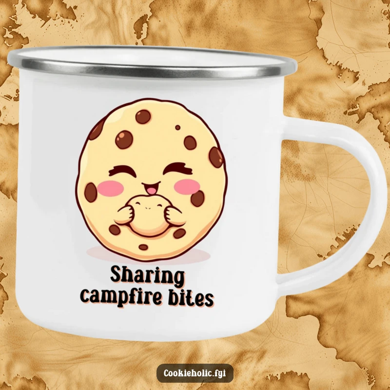 Funny camping mug showcasing a cookie character winking and offering a perfect, tempting bite.