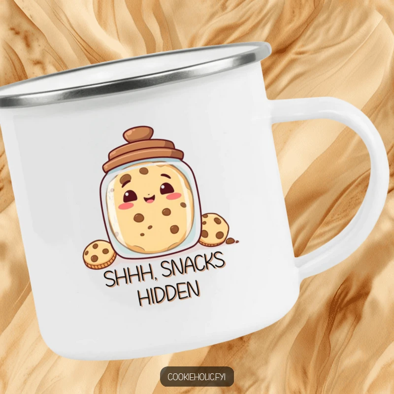 Funny camping mug featuring a cookie with a mischievous grin peeking from behind a cookie jar, designed for outdoor adventures and laughter.