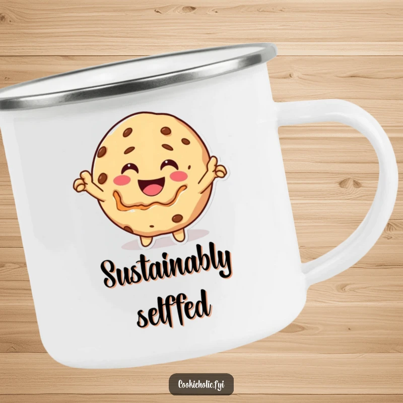 Funny Camping Mug: A happy Kawaii cookie character bites itself triumphantly, a symbol of bold outdoor enjoyment.