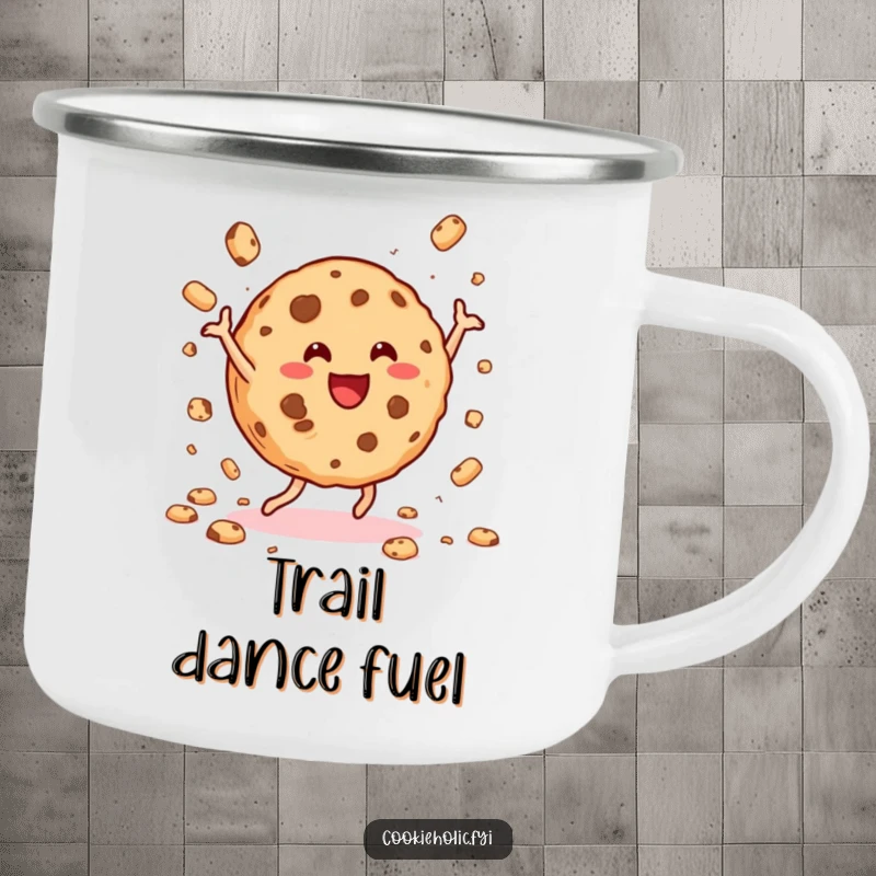 Funny cookie dance camping mug showing a happy cookie dancing and scattering crumbs during an outdoor adventure.
