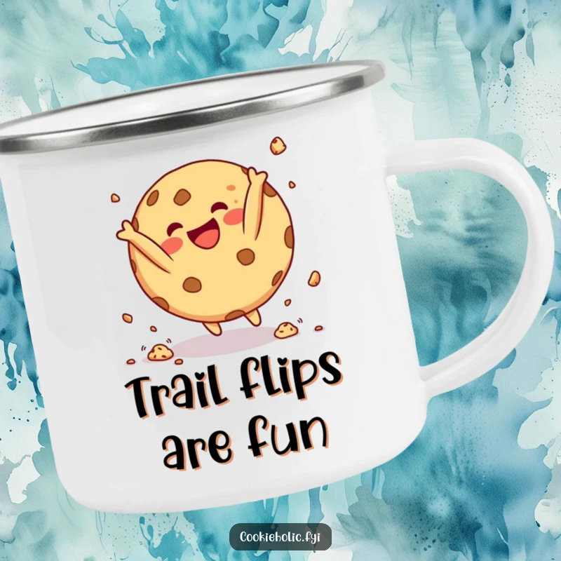 Funny Camping Mug with a round cookie character doing a happy somersault with crumbs flying, perfect for outdoor fun and humor.