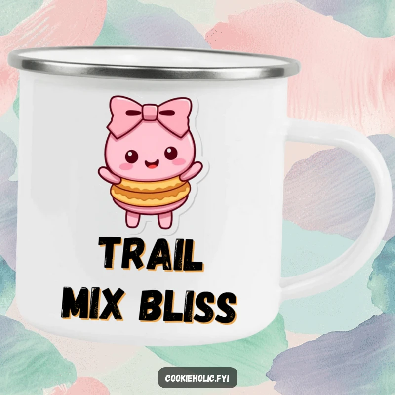 Funny Kawaii macaron character doing a happy bow with stacked cookies, a sturdy camping mug for adventures.