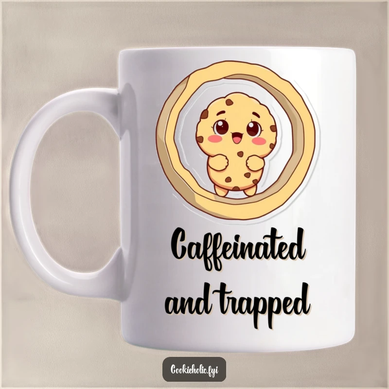Funny mug showing a surprised cookie character comically lodged inside a large cookie cutter, looking amused.