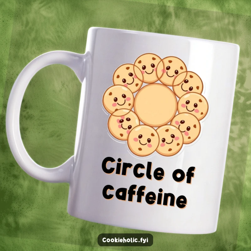 Funny cookie circle mug showing a group of smiling cookies forming a happy, interconnected circle.