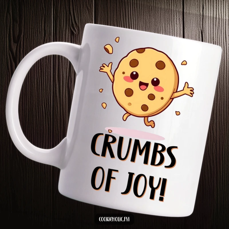 Funny mug featuring a cookie character joyfully dancing with crumbs flying, spreading happiness and cheer with every sip.