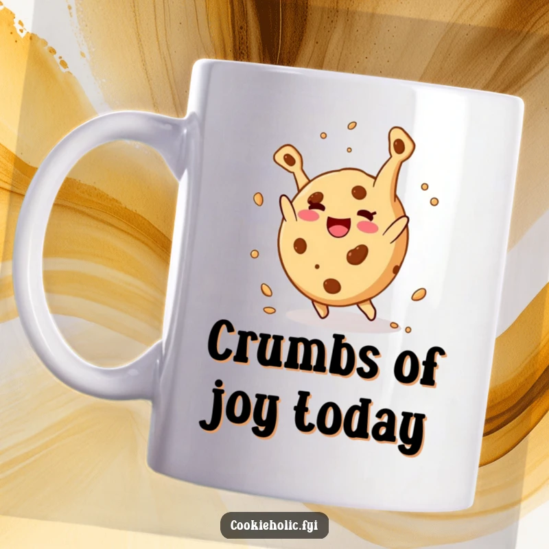 Funny mug: A round cookie character happily does a somersault with crumbs flying, celebrating pure joy and deliciousness.