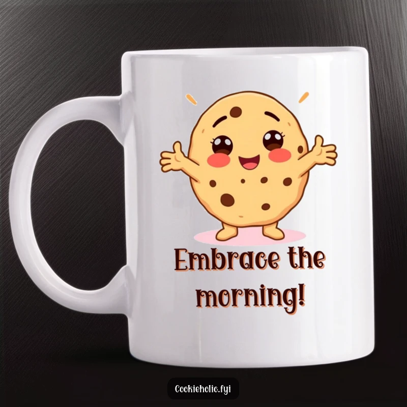 Funny Mug of a cookie striking a comical pose with arms wide open, expressing pure joy and silliness.