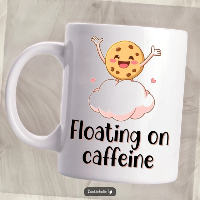 Funny mug featuring a cookie character joyfully bouncing on a fluffy marshmallow cloud with arms spread wide in glee.
