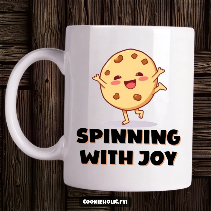Funny mug featuring a cookie character performing a lively cartwheel, full of playful energy.