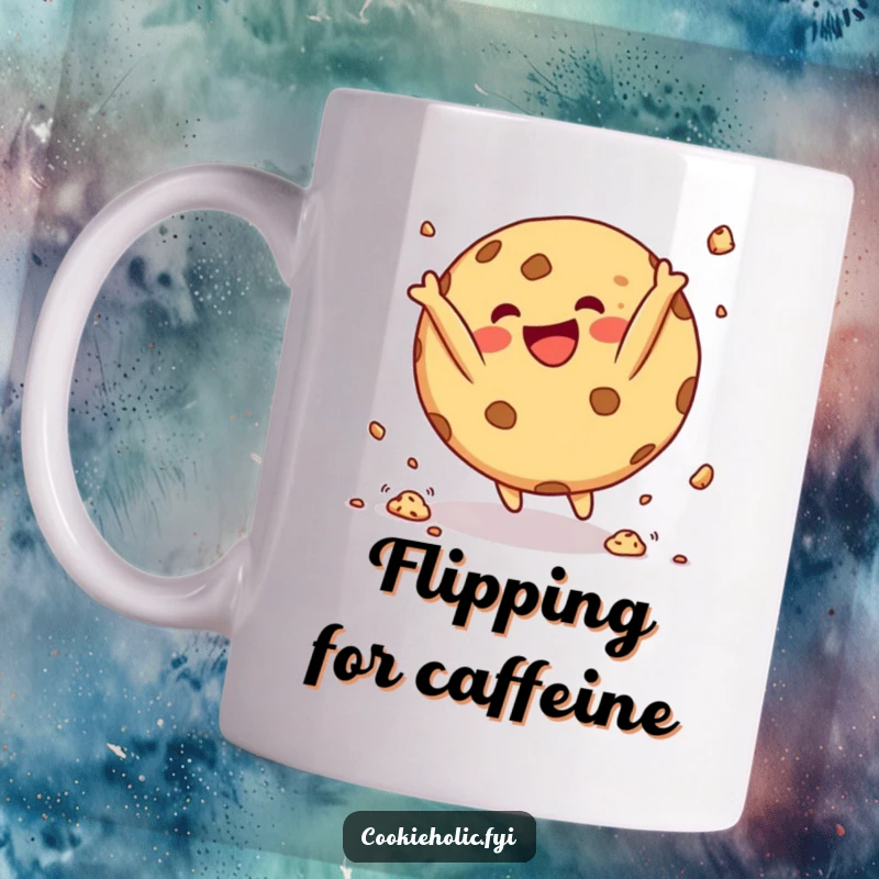 Funny Mug showcasing a round cookie character mid-somersault with cheerful crumbs flying, representing pure joy and activity.