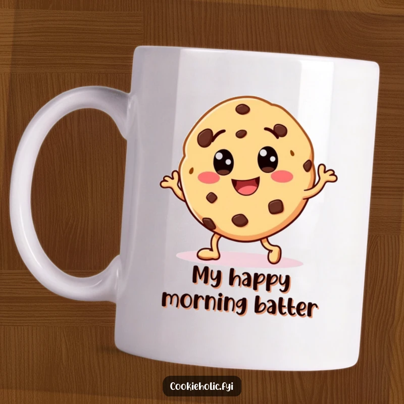 Funny mug featuring a smiling cookie character with chocolate chip eyes, joyfully performing a happy dance with crumbs flying.