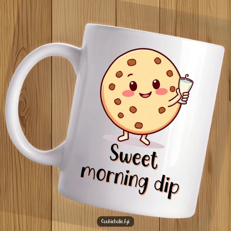 Funny mug featuring a round, happy cookie character with a big smile, joyfully dancing with a glass of milk, embodying sweet cheer.