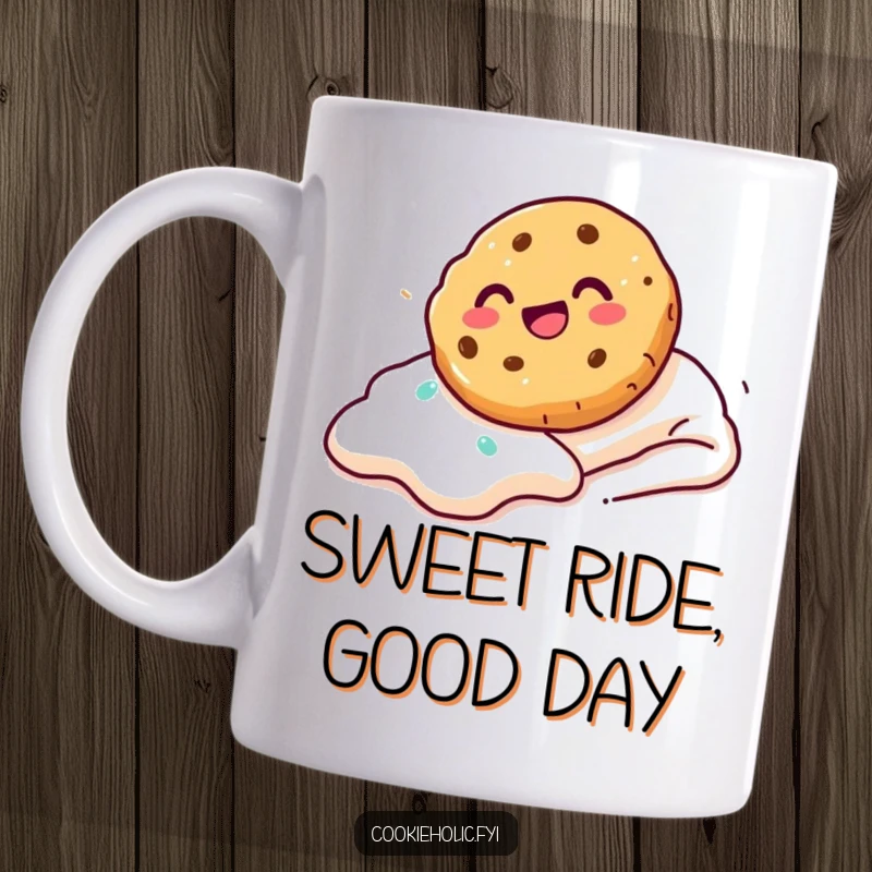 Funny Mug of a cookie gleefully sliding down a frosting slope, expressing pure joy and excitement.