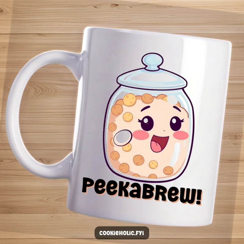 Funny Mug: A cookie jar character peeks from its slightly open lid with a delighted expression. A perfect funny gift for treat lovers.