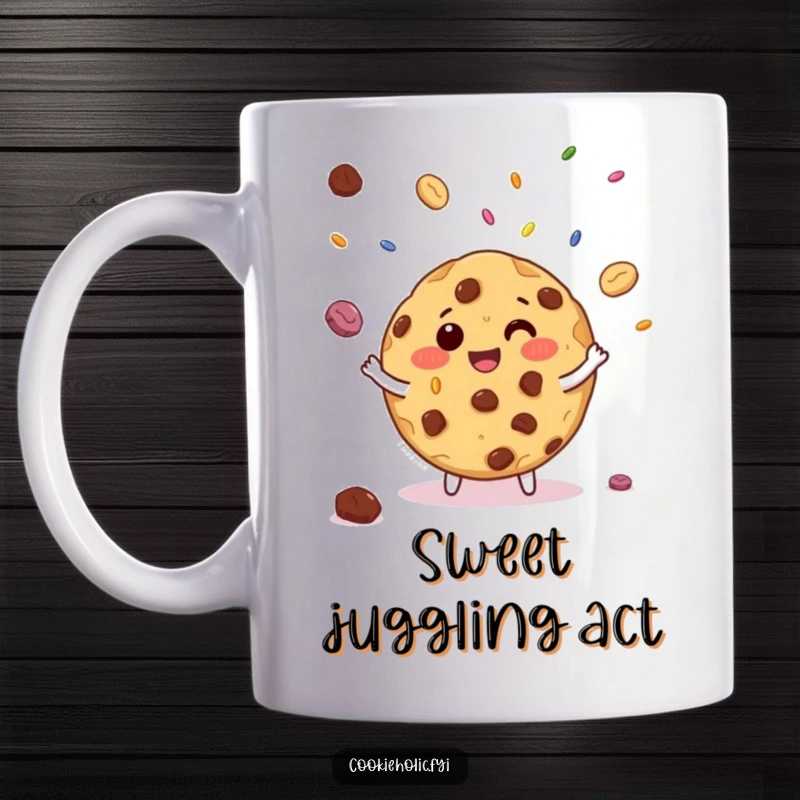 Funny mug showing a giggling chocolate chip cookie juggling tiny candy sprinkles, embodying joyful mischief and sweetness.