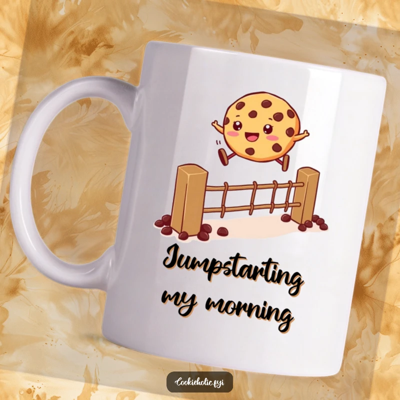 Funny Mug: A cookie energetically leaps over a fence constructed entirely of chocolate chips, showing determination and humor.