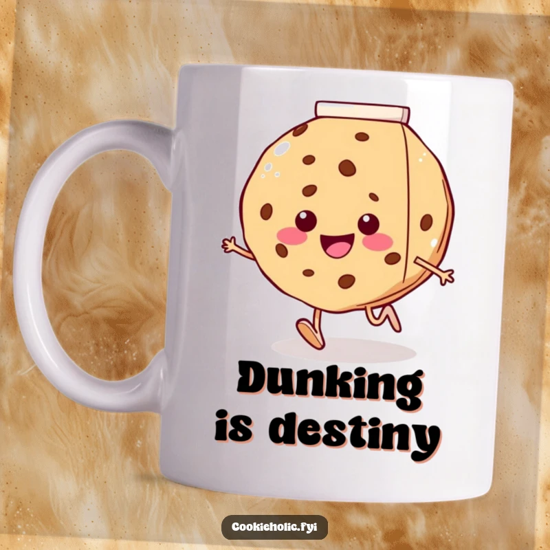 Funny mug showing a smiling cookie with tiny legs running gleefully towards a giant milk carton, celebrating breakfast joy.