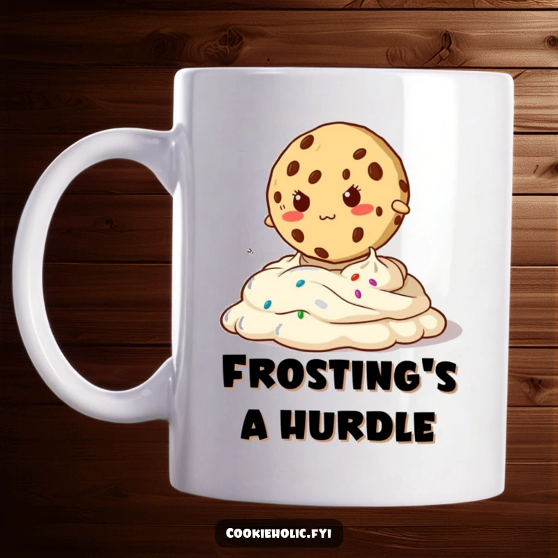 Funny mug featuring a determined cookie character attempting to jump over oozy frosting, symbolizing ambition and humor.