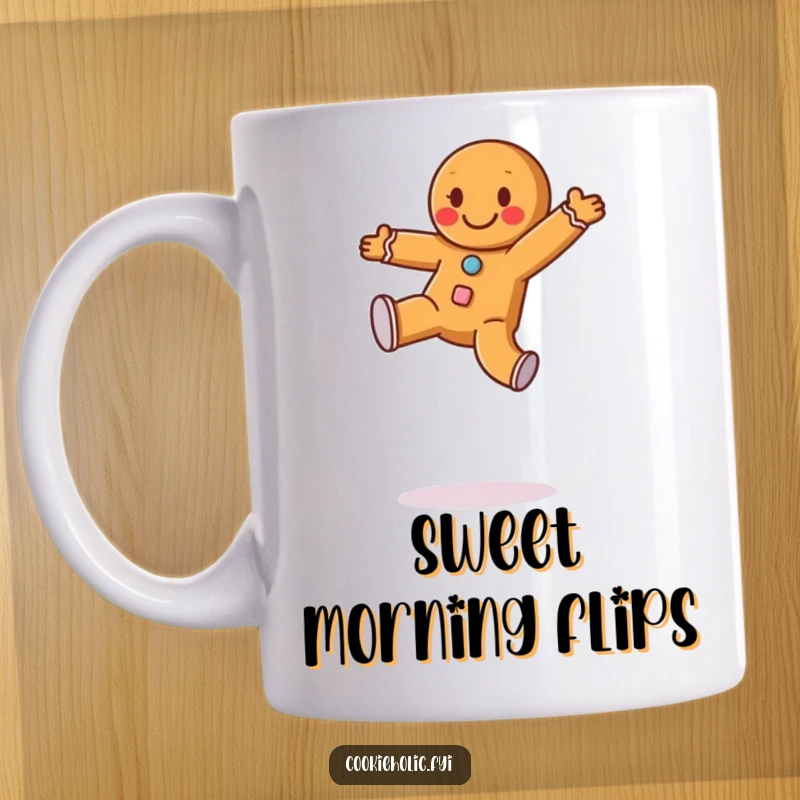 Funny mug featuring a happy gingerbread man with frosting buttons doing a joyful cartwheel, embodying holiday spirit and fun.