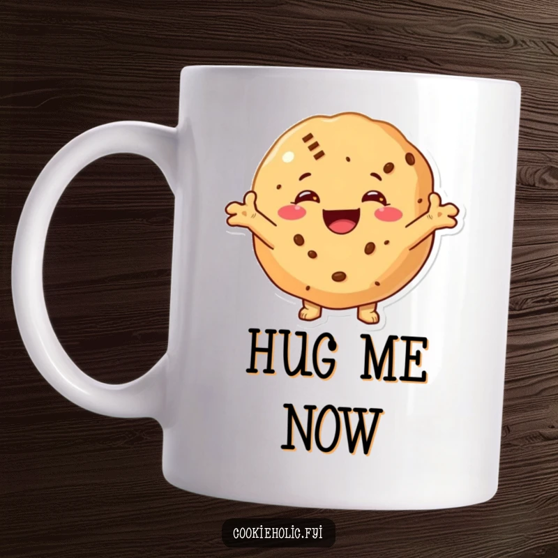 Funny mug showing a cookie with a huge smile and arms outstretched, inviting everyone for a warm and heartfelt hug.