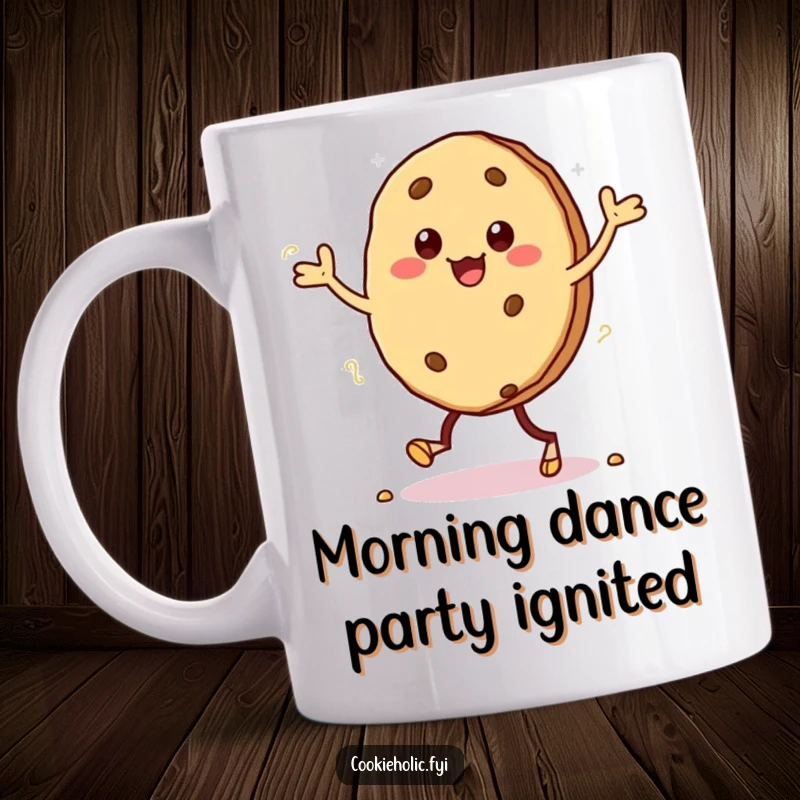 Funny mug featuring a kawaii cookie character doing a silly jig, with little crumbs falling from its feet.