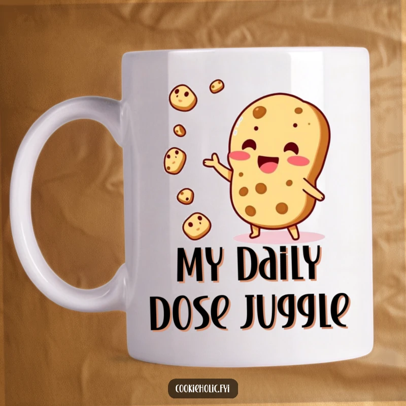 Funny Mug: A Kawaii cookie character excitedly juggles several smaller cookie pieces with a focused, happy expression.
