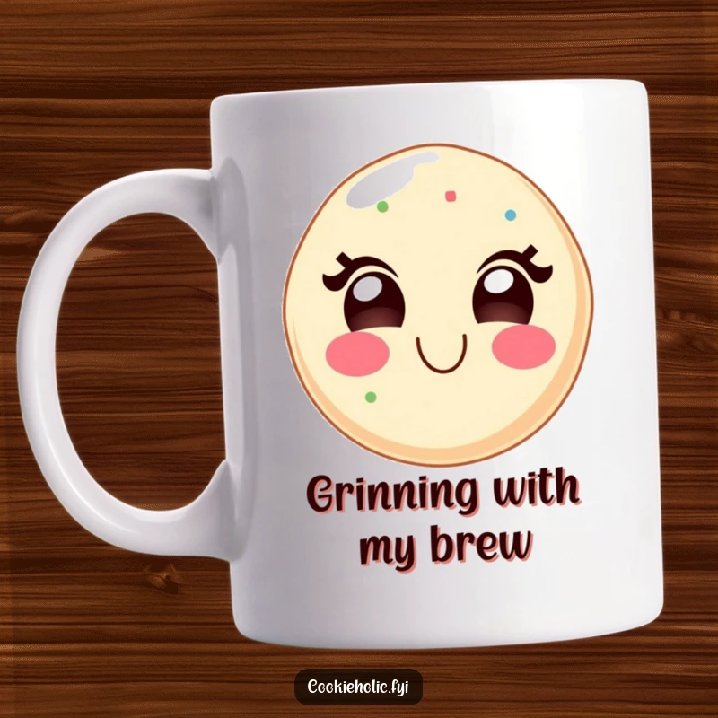 Funny mug with a kawaii sugar cookie character showing a wide, delighted grin, radiating pure happiness and sweetness.