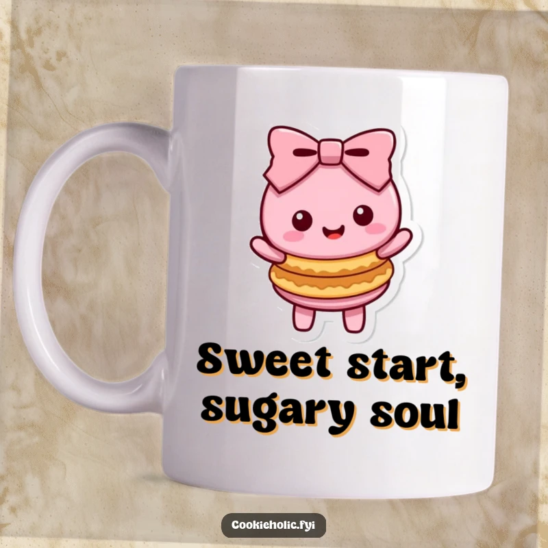 Funny Kawaii macaron character in a cheerful bow, holding two stacked cookies, perfect for adding joy to your coffee.