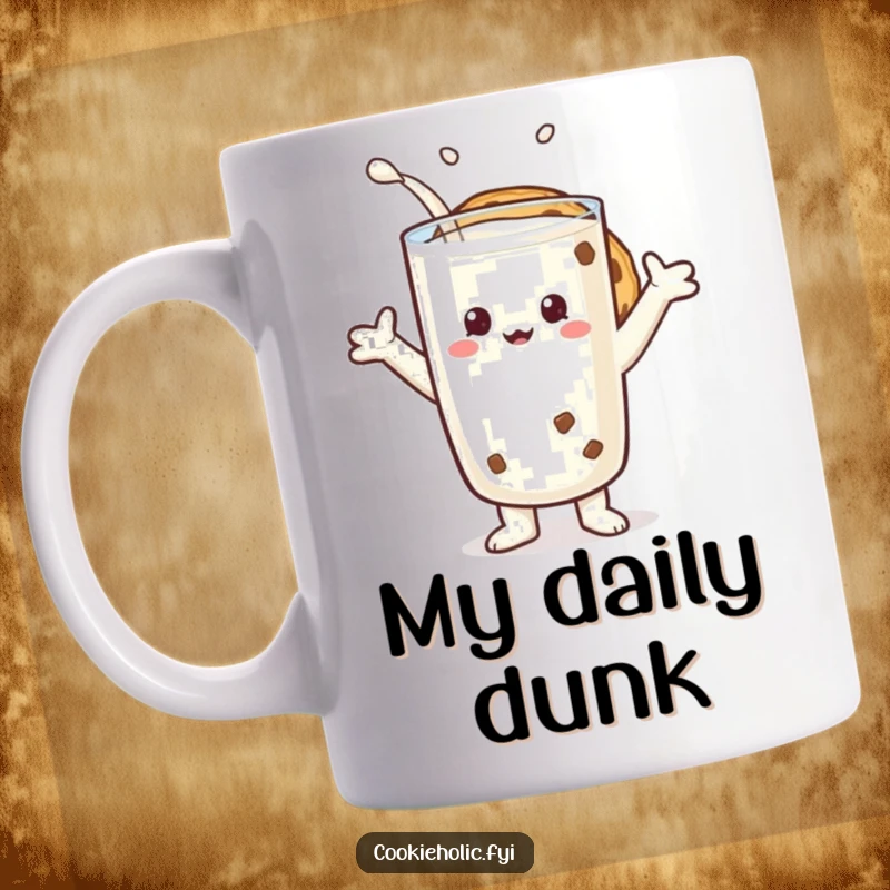 Funny mug featuring a cookie character with arms outstretched, joyfully embracing a giant glass of milk.