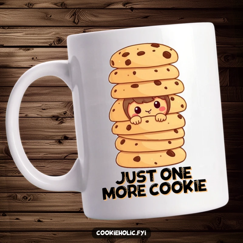 Funny cookie character peeking from behind a massive stack of cookies on a ceramic mug.