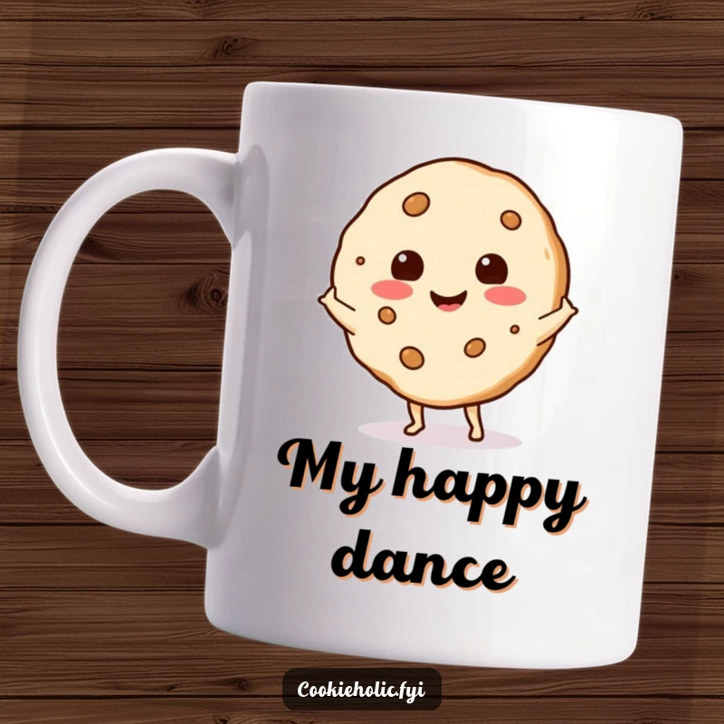 Funny cookie with a happy expression doing a little shimmy dance on a delightful ceramic mug.