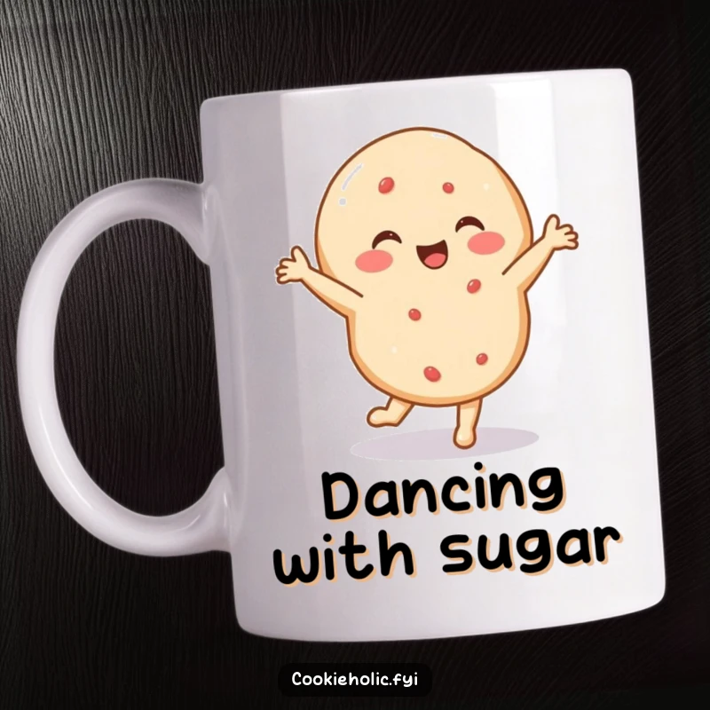 Funny mug featuring a delighted sugar cookie performing a tiny, energetic dance, embodying pure happiness and pizzazz.
