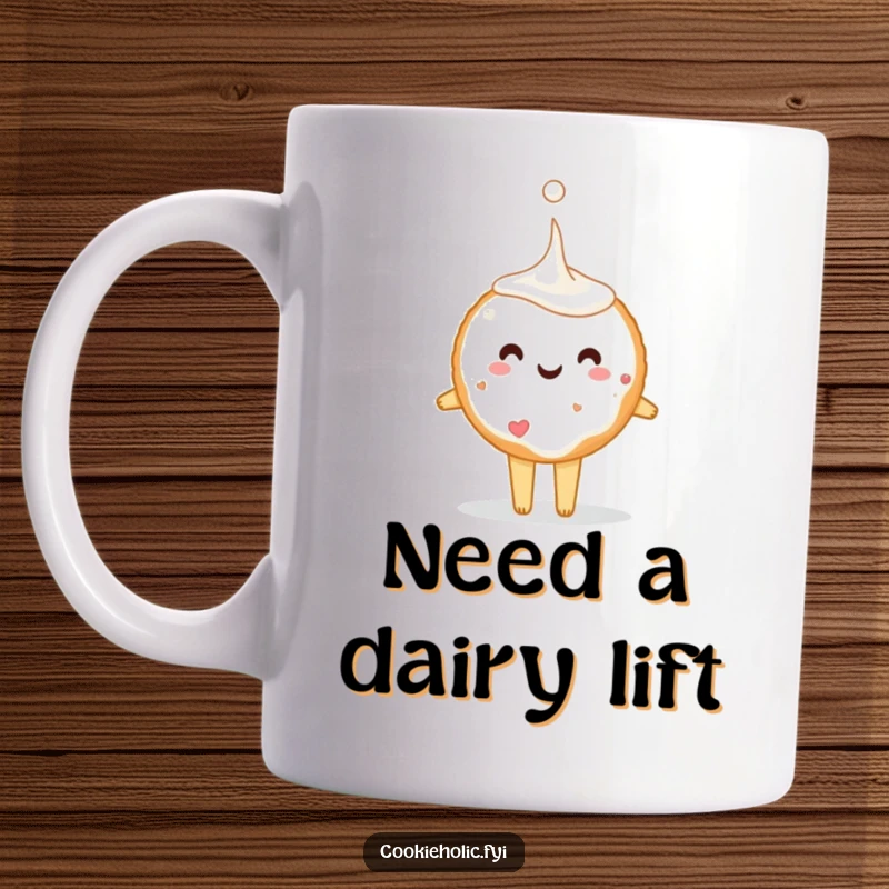 Funny sugar cookie tiptoeing precariously with a huge, glistening drop of milk, conveying a humorous and relatable breakfast moment.