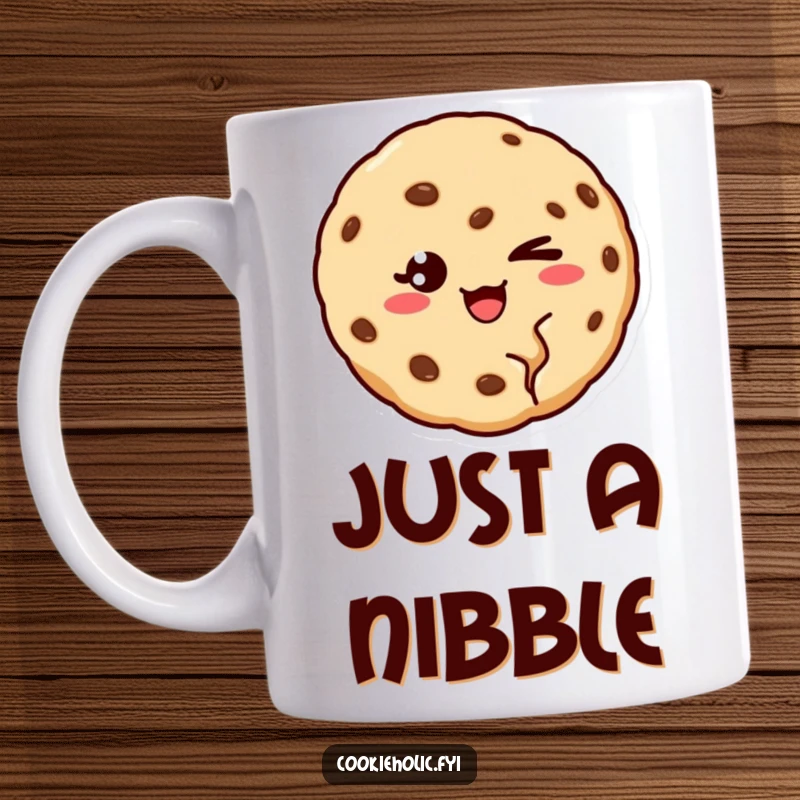 Funny mug featuring a cookie with a bite missing, winking charmingly, exuding playful confidence.
