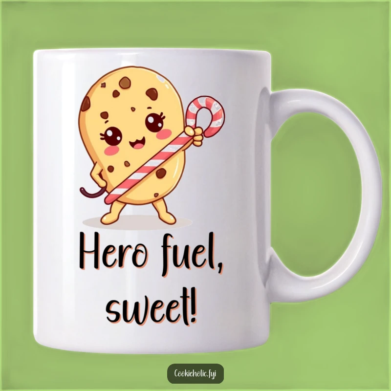 Funny Kawaii Cookie Hero Mug: Candy Cane Pose, Adventurous Gift!