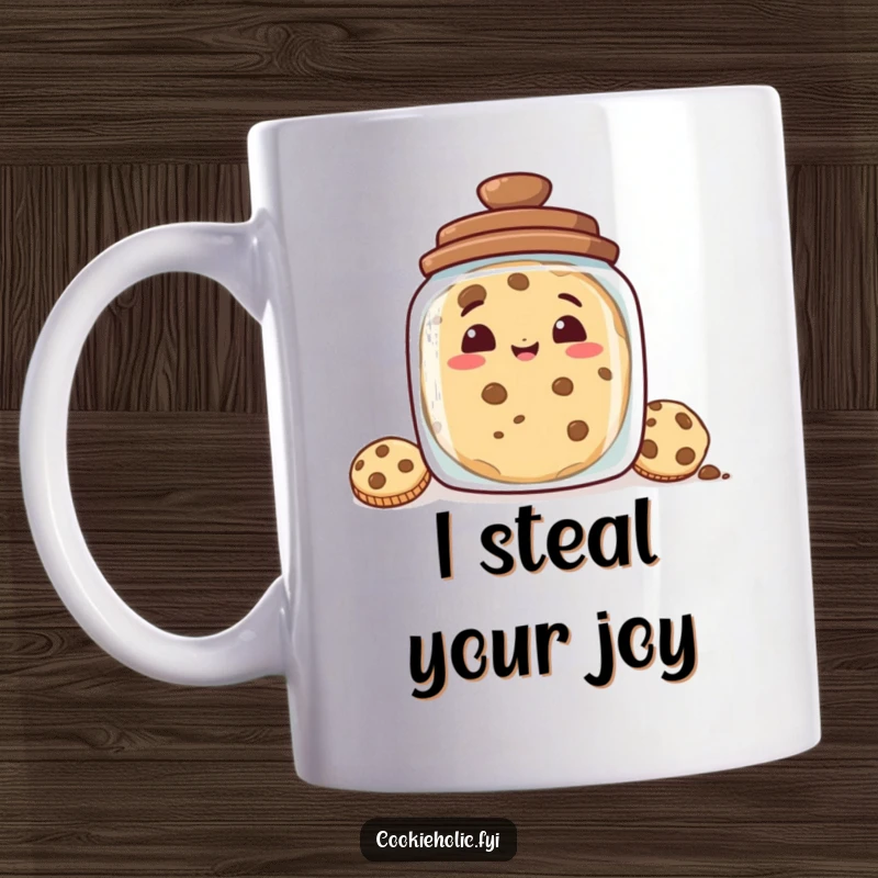 Funny mug showing a cookie with a mischievous grin peeking out from behind a cookie jar, a hilarious and relatable kitchen moment.