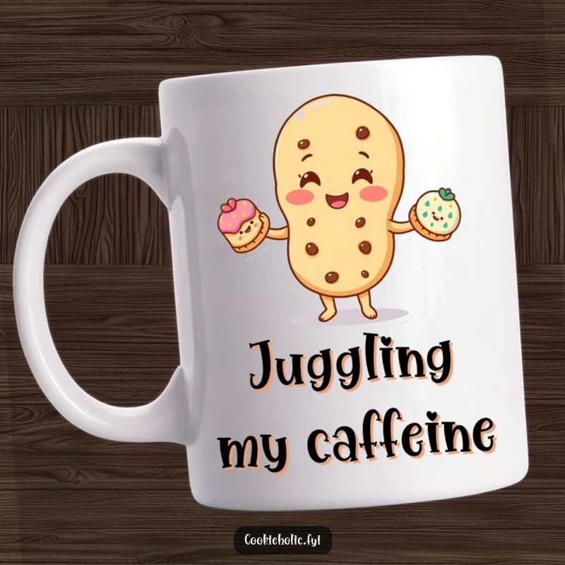 Funny mug: A smiling cookie character skillfully juggles three smaller, decorated cookies, displaying impressive dexterity.