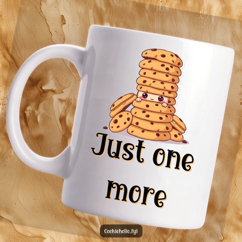 Funny cookie character peeking from behind a huge stack of cookies on a ceramic mug.