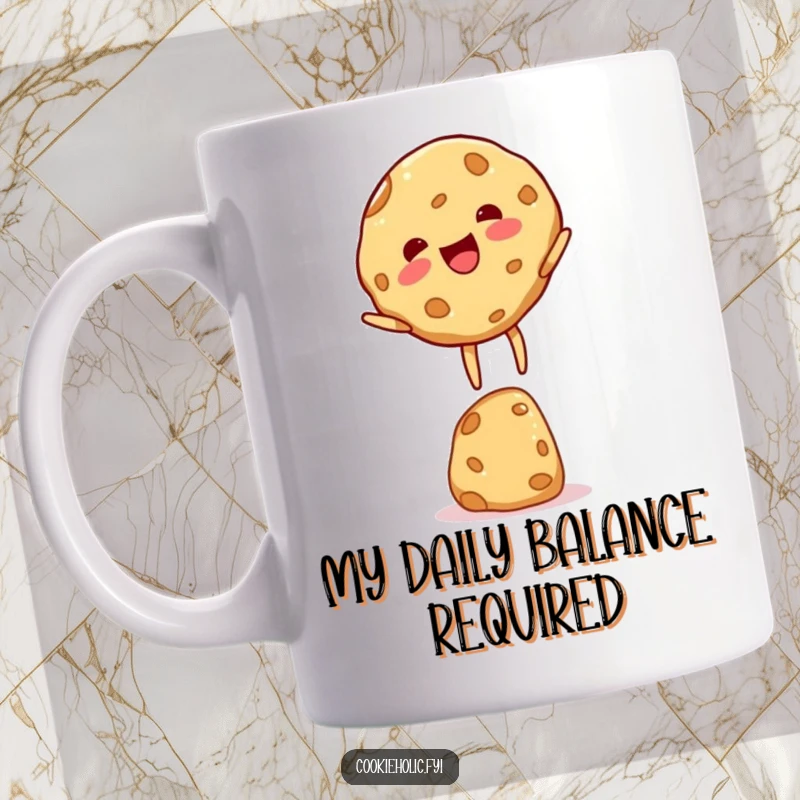 Funny cookie character mug, joyfully balancing precariously on its edge, radiating pure delight and sweet, crumbly happiness.